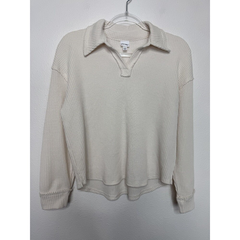 Art Class Girls XL Waffle Knit Polo Shirt Cream Long Sleeve V-neck Curved Hem